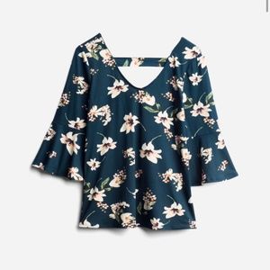 Stitch Fix Nine Britton Silvia Back Detail Bell sleeve Knit top Blue Floral S